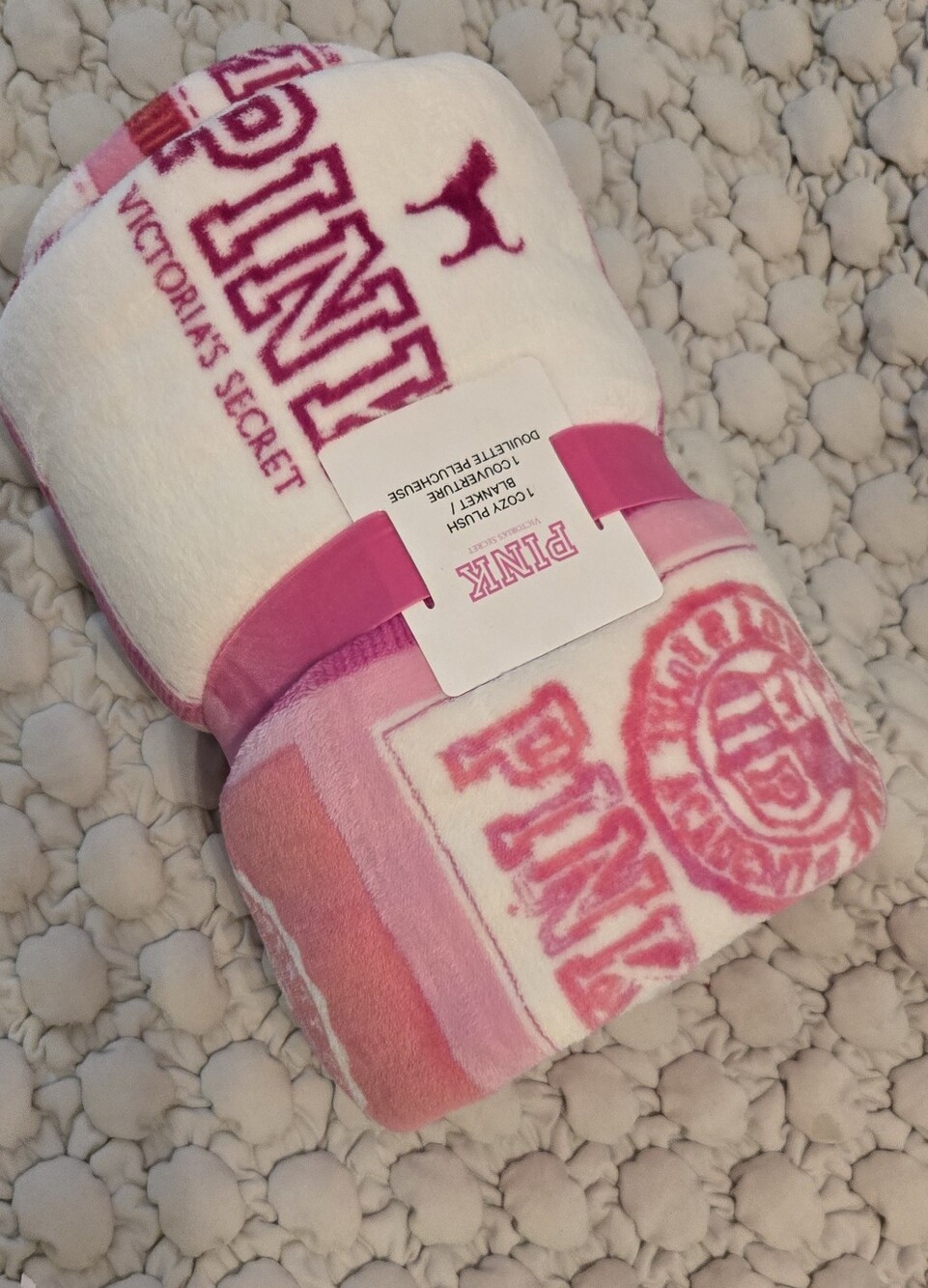 Victoria's Secret Pink Plush Logo Throw Blanket - White & Pink